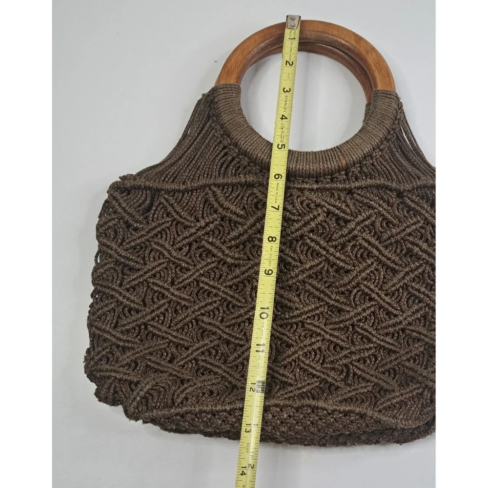Vtg Macramé / Crochet Braided Purse‎ Hand Bag Round Wooden Handles 12x8